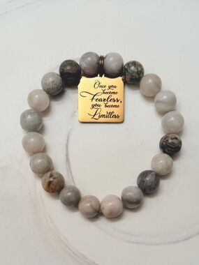 Natural Gray Gemstone Bead Stretch Bracelet with Inspirational Charm